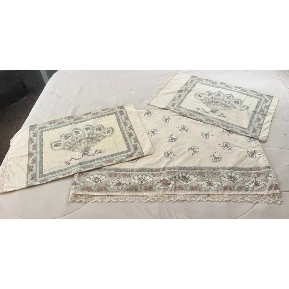 Vintage Queen Sheet Set Floral Fan Rose Lace Trim Cottagecore Cream 4pc